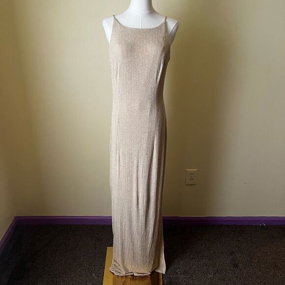 Vintage Gold Glitter Gown Sz 11/12 90s Y2K Formal Maxi Slip Dress with Low Back - Picture 1 of 11